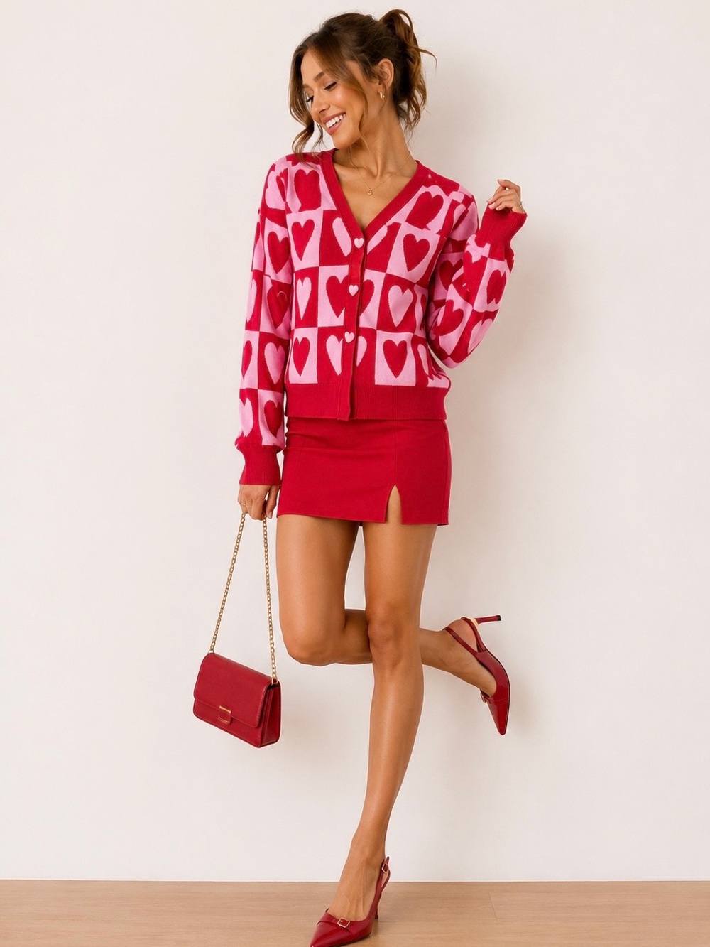 New Women's Pink/Red Heart Print Cardigan Size XS 33 Degrees